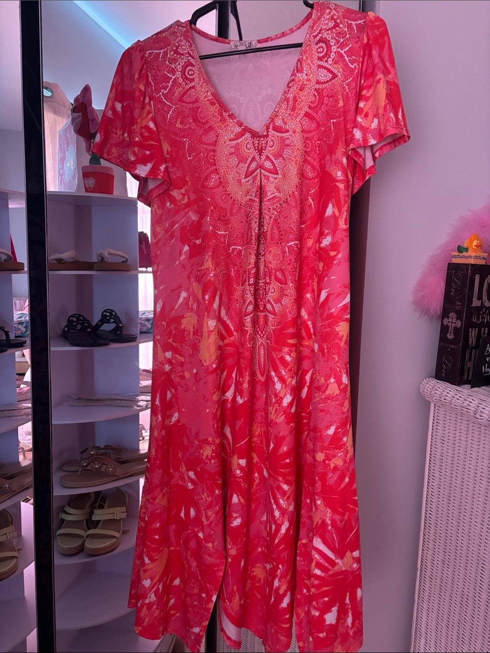 Vibrant Pink-Red Printed V-Neck Dress
